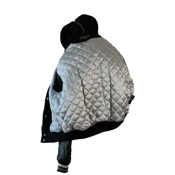 Baby Phat Sz L Vintage Y2k Bomber Jacket Hooded Spell Out Lamb Leather Sleeves - Picture 9 of 16